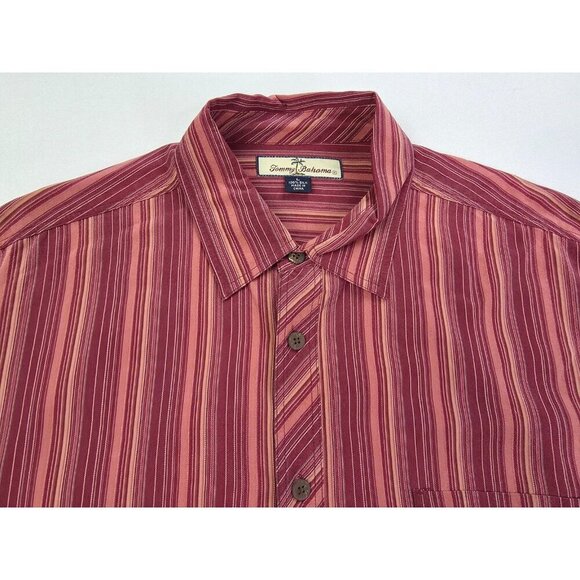 Tommy Bahama Size Large Mens Maroon Salmon Tan Stripe Logo Tag Silk L/S Shirt - Picture 5 of 10